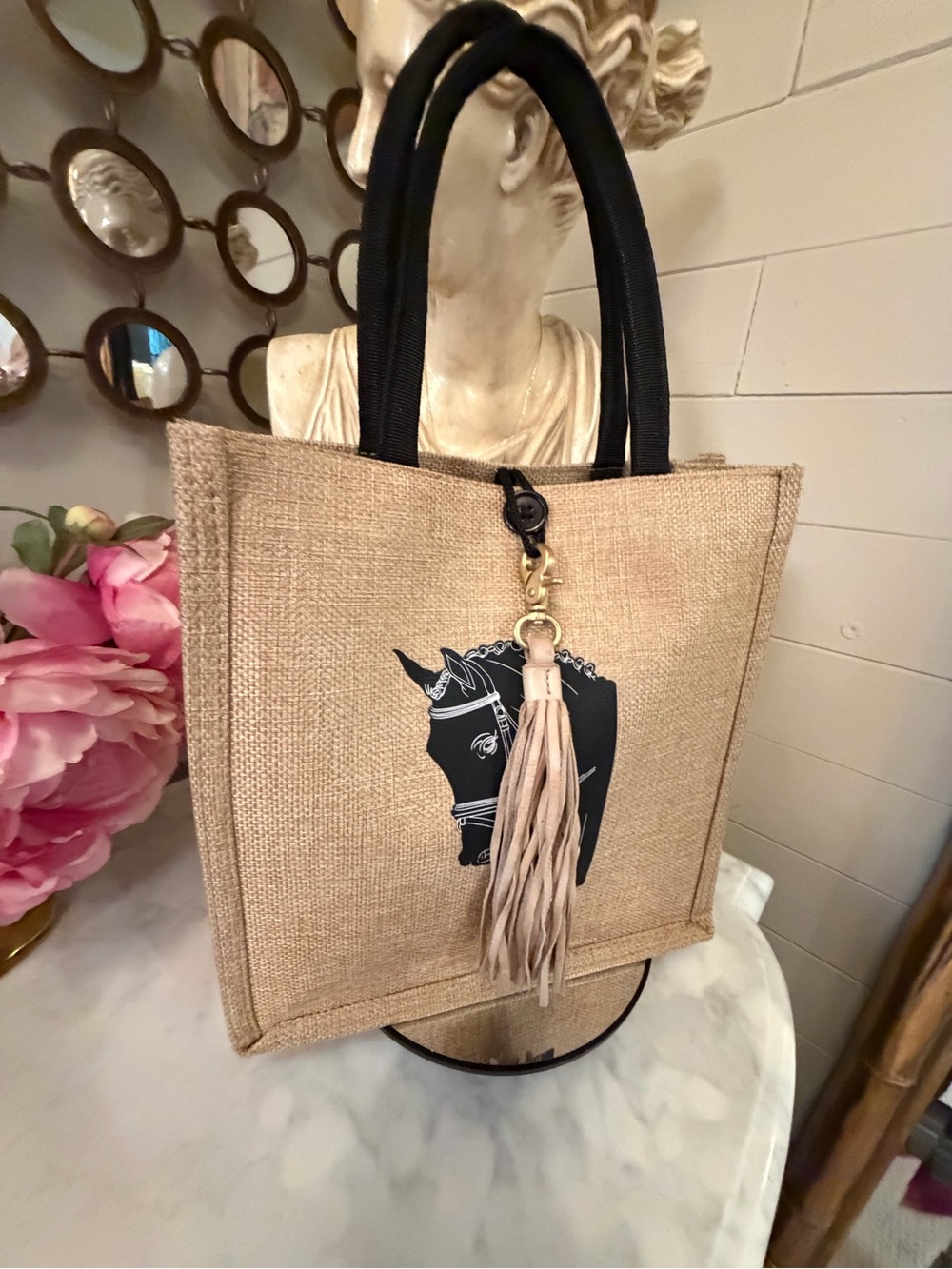 Natural Jute Tote Bag with Black Horse Motif and added leather Tassel NWOT